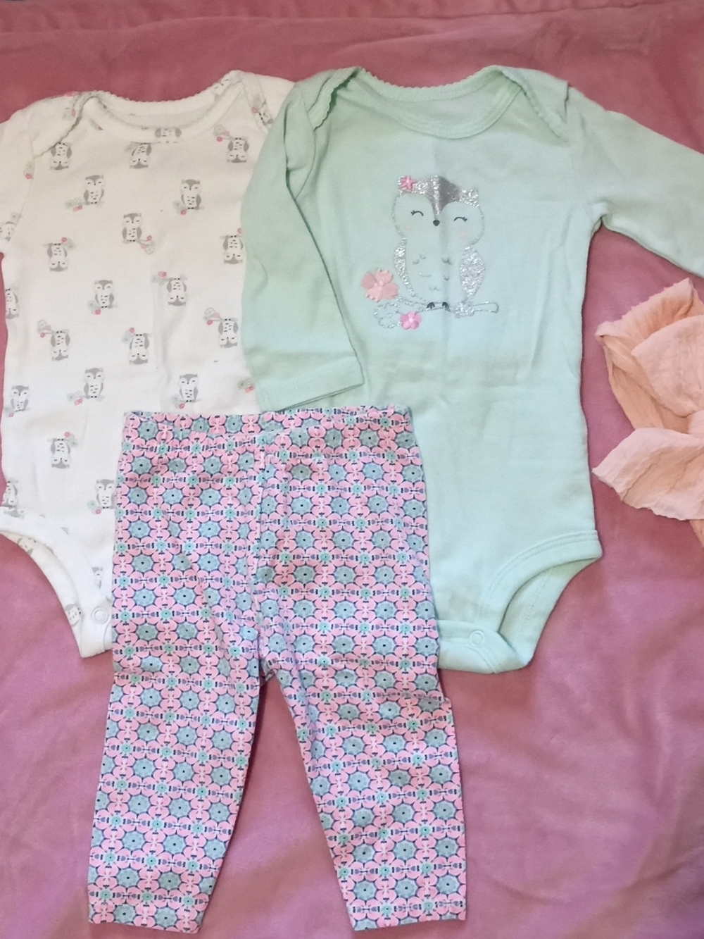 Carter's Girl's Mint & White Owl One-Piece Bodysuit with Pink Floral Leggings
